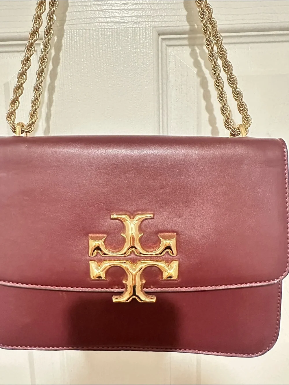 Tory Burch Burgundy Leather Shoulder Bag with Gold Chain